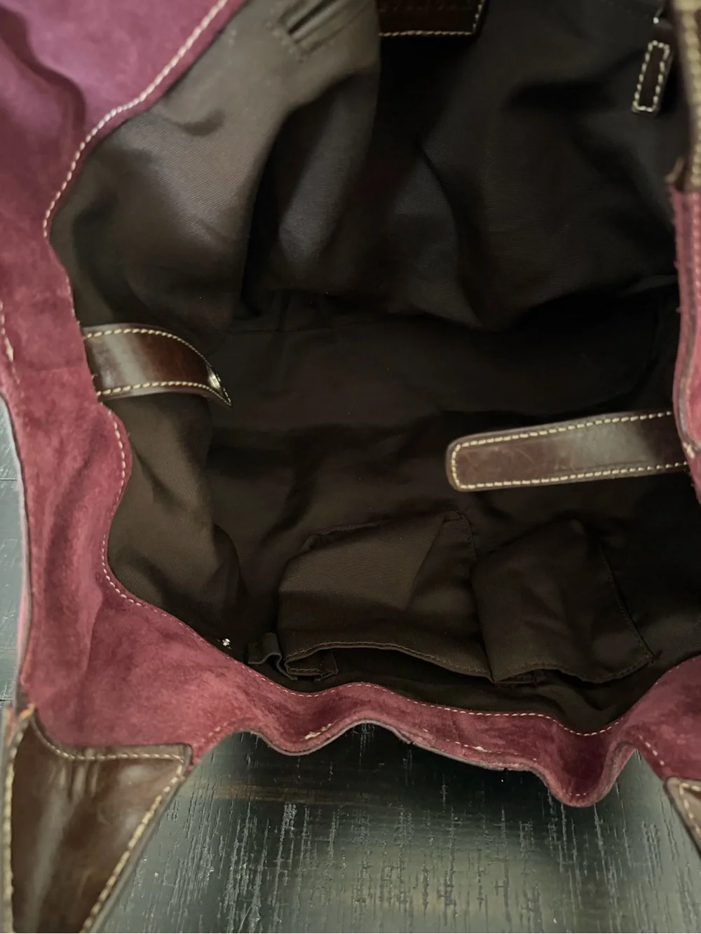 Levenger suede leather hobo tote bag purse burgundy purple classic minimalist